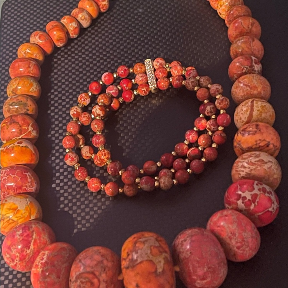 sea jasper coral/orange/pinkish beaded statement Necklace and Bracelet Set